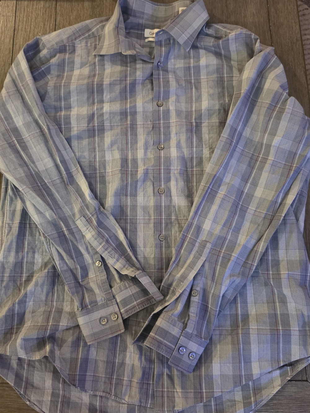 Calvin Klein Men's Long-Sleeve Plaid Button-Down Shirt in Gray And Red Stripe